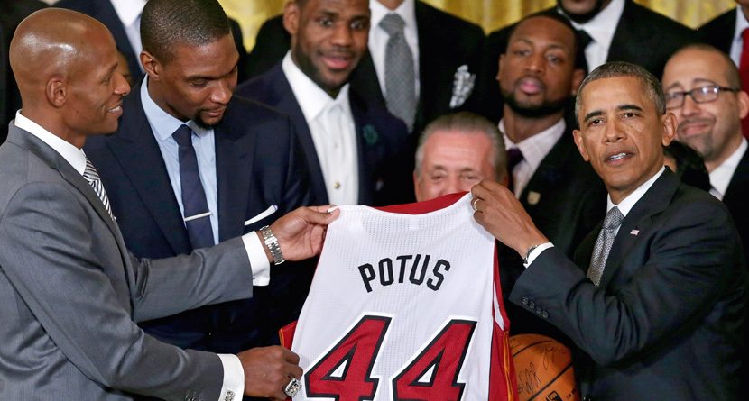Ray Allen Presents Miami Heat Jersey to President Obama