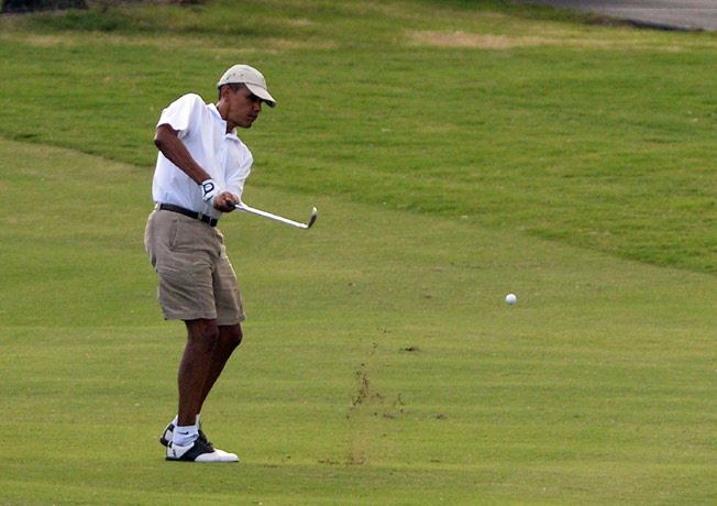 President Barack Obama Finishes Vacation Round Of Golf With A Hole Out