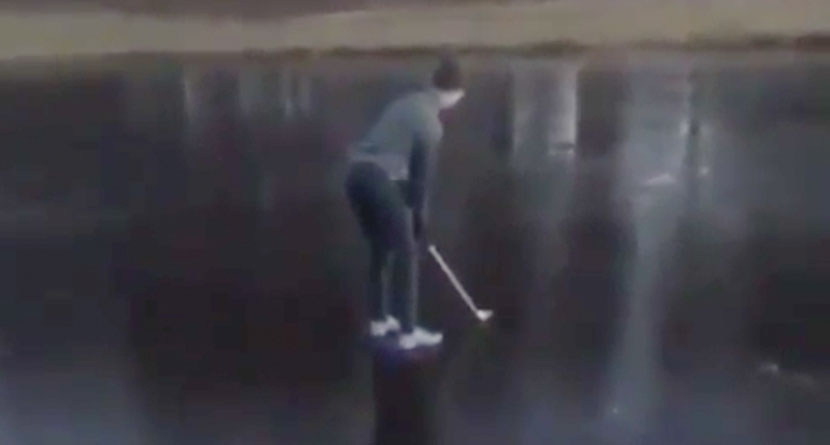 Golfer Tries Hero Shot From Frozen Lake, Fails