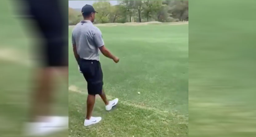 Tiger Uses Foot Wedge During Match Play Practice Round