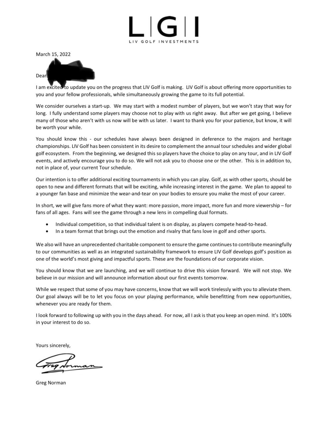 greg norman letter to pga tour pros