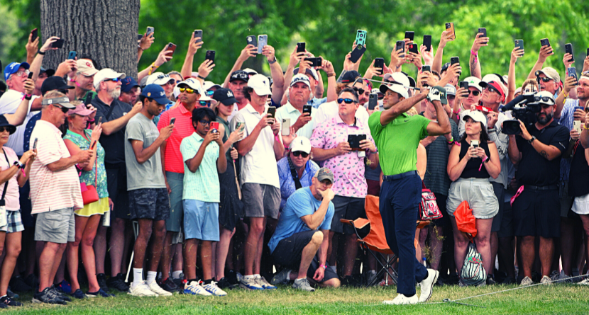Fans Watch Tiger Woods Hit A Shot At The PGA Championship