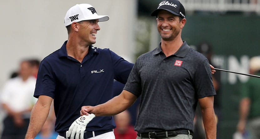 Billy Horschel, left laughs with Adam Scott, of Australia, as they walk on the 17th hole during the final round of the Northern Trust golf tournament Sunday, Aug. 26, 2018, in Paramus, N.J. Bryson DeChambeau won the tournament. (AP Photo/Mel Evans)