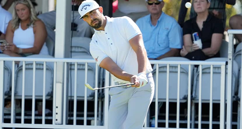 Erik van Rooyen, of South Africa, watches his shot to the eighth green during the final round of the Sanderson Farms Championship golf tournament Sunday, Oct. 8, 2023, in Jackson, Miss. (AP Photo/Rogelio V. Solis)