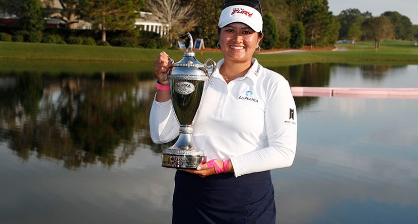 Lilia Vu, poses with the first place trophty after winning an LPGA golf tournament, Sunday, Nov. 12, 2023, in Belleair, Fla. (AP Photo/Scott Audette)
