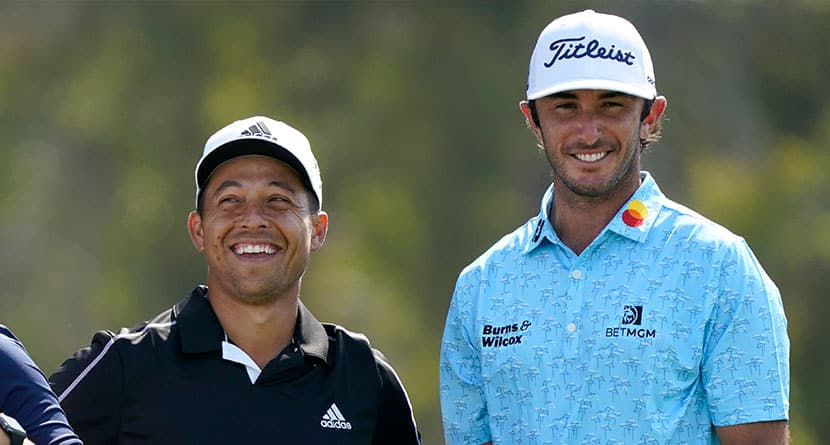 Xander Schauffele, left, and Max Homa laugh on the 12th tee during the first round of the U.S. Open Golf Championship, Thursday, June 17, 2021, at Torrey Pines Golf Course in San Diego. (AP Photo/Marcio Jose Sanchez)