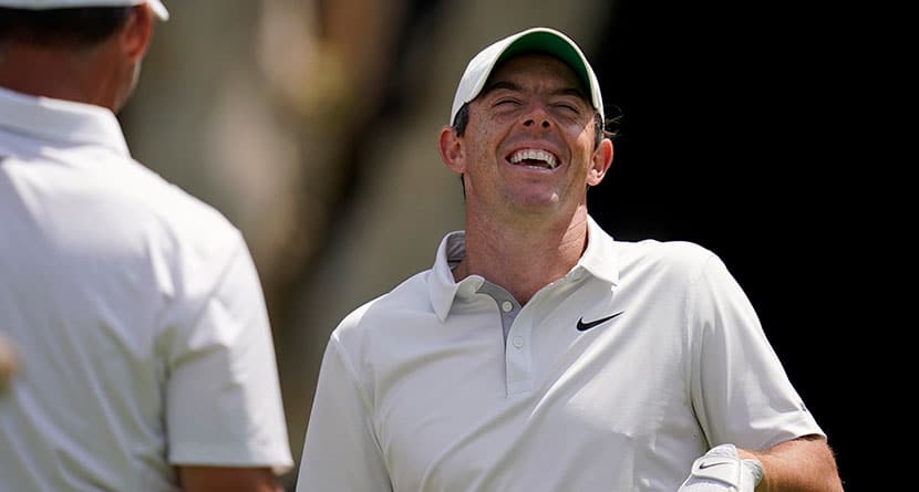 Rory McIlroy, of Northern Ireland, right, laughs with Paul Casey, of England, during a practice round of the U.S. Open Golf Championship, Tuesday, June 15, 2021, at Torrey Pines Golf Course in San Diego. (AP Photo/Gregory Bull)