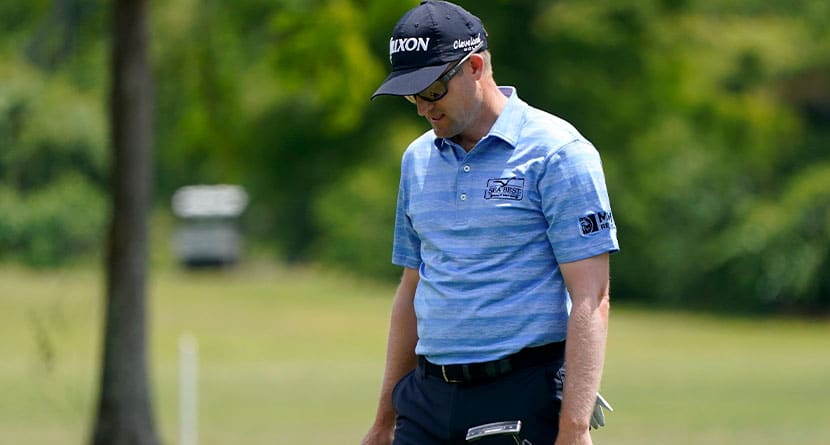Russell Knox, of Scotland, reacts to his putt on the first green during the final round of the PGA Zurich Classic golf tournament at TPC Louisiana in Avondale, La., Sunday, April 24, 2022. Knox has limited status on the PGA Tour next year and doesn't know how the new schedule will affect how often he gets to play. (AP Photo/Gerald Herbert, File)