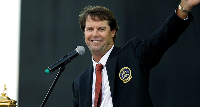 United States team captain Paul Azinger waves to spectators while speaking at the Ryder Cup opening ceremonies at the Valhalla Golf Club in Louisville, Ky., Sept. 18, 2008. Paul Azinger will no longer be the lead golf analyst for NBC Sports, ending his five years with the network at the Ryder Cup without even knowing that was his last event. (AP Photo/Chris O'Meara, File)