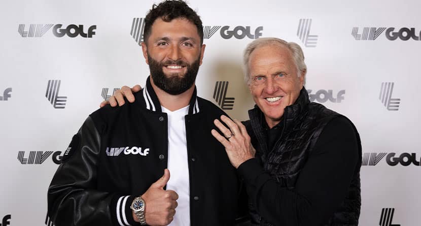 In a photo provided by LIV Golf, Jon Rahm, left, and LIV Golf Commissioner and CEO Greg Norman pose for a photo in New York on Thursday, Dec. 7, 2023. Rahm announced Thursday he's joining LIV Golf. (Photo by Scott Taetsch/LIV Golf via AP)