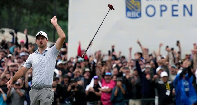 Nick Taylor, of Canada, reacts after winning the Canadian Open golf tournament on the fourth playoff hole against Tommy Fleetwood, of the United Kingdom, in Toronto, Sunday, June 11, 2023. Taylor's epic eagle putt to win the Canadian Open is now part of the tournament's logo for 2024. (Nathan Denette/The Canadian Press via AP, File)