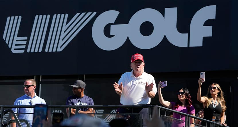 Former President Donald Trump talks to people in the crowd during the final round of the Bedminster Invitational LIV Golf tournament in Bedminster, N.J., Sunday, Aug. 13, 2023. (AP Photo/Seth Wenig)