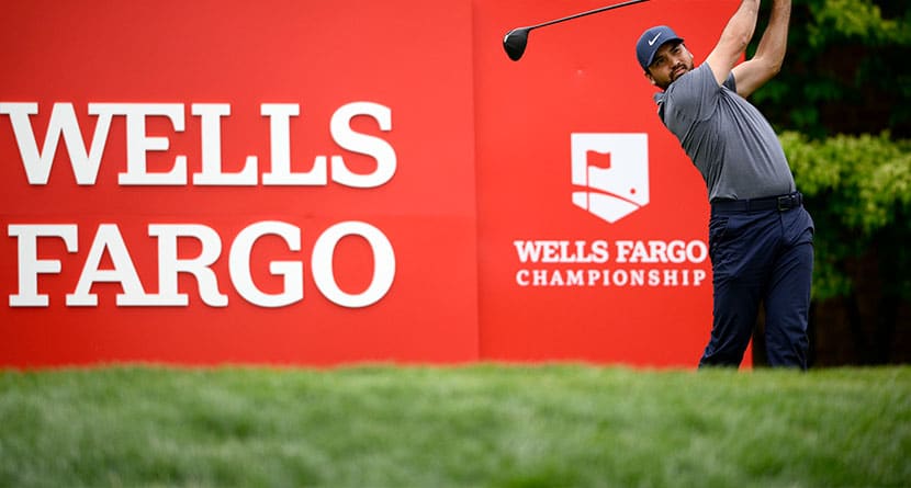 Jason Day of, Australia, hits off the 18th tee during the first round of the Wells Fargo Championship golf tournament, Thursday, May 5, 2022, at TPC Potomac at Avenel Farm golf club in Potomac, Md. (AP Photo/Nick Wass)