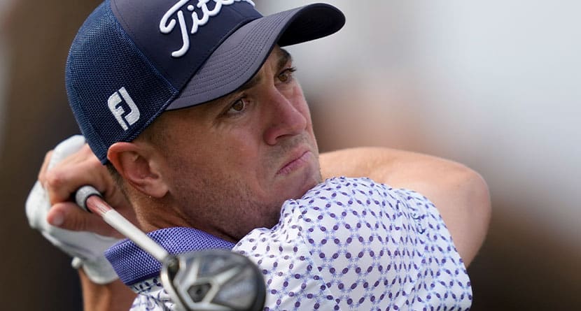Justin Thomas watches his tee shot on the second hole of the Pete Dye Stadium Course during the final round of the American Express golf tournament, Sunday, Jan. 21, 2024, in La Quinta, Calif. (AP Photo/Ryan Sun)
