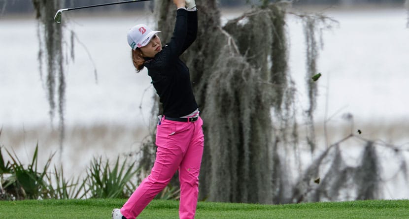 Ayaka Furue hits a fairway shot on the 18th hole during the first round of the Hilton Grand Vacations Tournament of Champions LPGA golf tournament in Orlando, Fla., Thursday, Jan. 18, 2024. (AP Photo/Kevin Kolczynski)