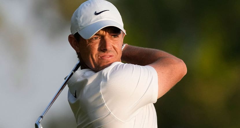 Rory McIlroy of Northern Ireland plays his second shot on 18th hole during the final round of the Hero Dubai Desert Classic golf tournament, in Dubai, United Arab Emirates, Sunday, Jan. 21, 2024. (AP Photo/Kamran Jebreili)