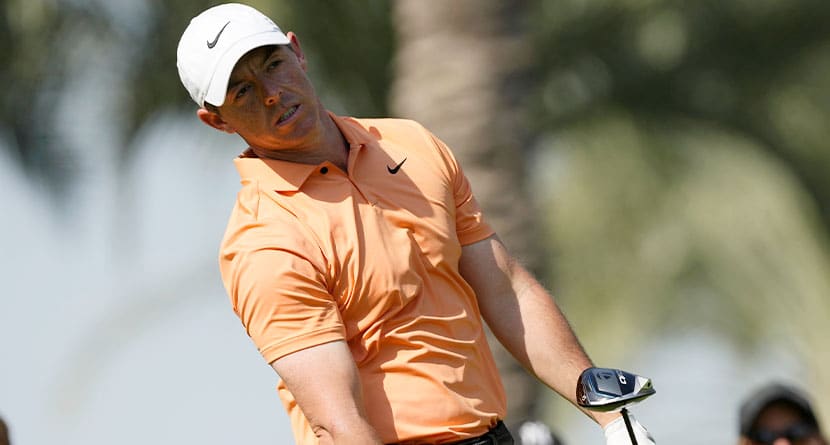Rory McIlroy of Northern Ireland reacts on the 7th hole during the final round of Dubai Invitational golf tournament, in Dubai, United Arab Emirates, Sunday, Jan. 14, 2024. (AP Photo/Kamran Jebreili)