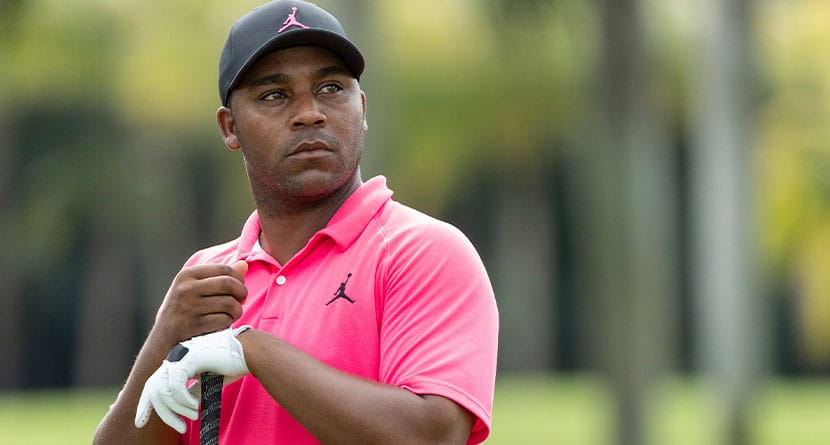 Harold Varner III of RangeGoats GC looks on from the second tee during the finals of the LIV Golf Team Championship Miami at the Trump National Doral on Sunday, October 22, 2023 in Miami, Florida. (Photo by Sam Greenwood/LIV Golf via AP)