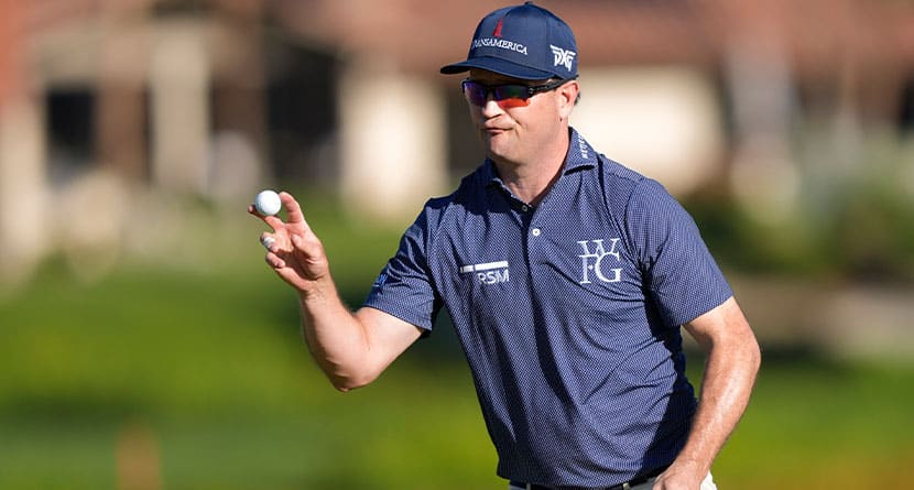 Zach Johnson reacts after finishing on the 18th hole of the La Quinta Country Club course during the first round of the American Express golf tournament, Thursday, Jan. 18, 2024, in La Quinta, Calif. (AP Photo/Ryan Sun)