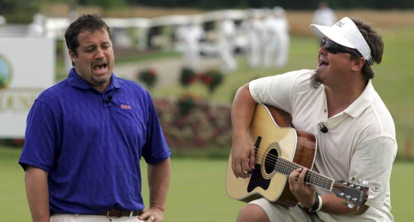 Drew Copeland, left, from the rock group Sister Hazel and rock artist Edwin McCain perform McCain's song "I'll Be" during a celebrity golf tournament to kick off opening festivities of Hard Rock Park, a rock 'n' roll theme park in Myrtle Beach, S.C. Monday June 2, 2008. (AP Photo/Willis Glassgow)