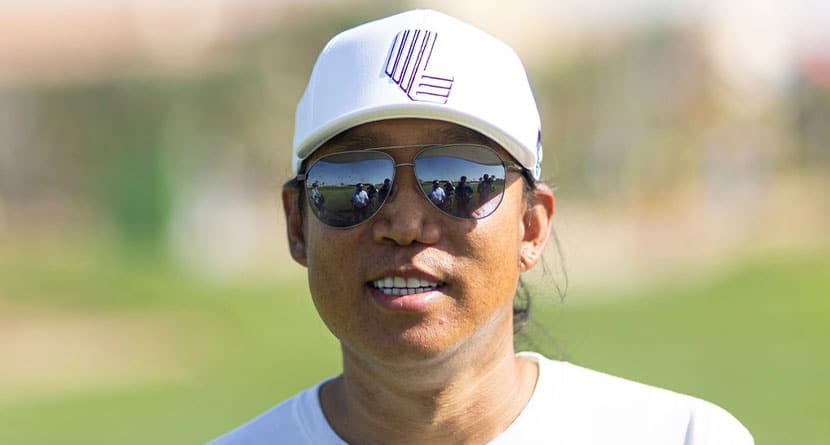 Wildcard player Anthony Kim smiles during the practice round before the start of LIV Golf Jeddah at the Royal Greens Golf & Country Club on Wednesday, February 28, 2024 in King Abdullah Economic City, Saudi Arabia. (Photo by Jon Ferrey/LIV Golf via AP)