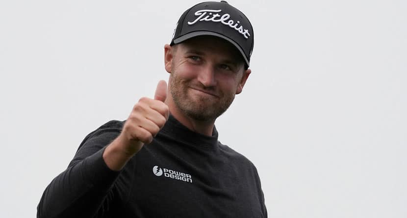 Wyndham Clark gestures after finishing the 18th hole at Pebble Beach Golf Links during the third round of the AT&T Pebble Beach National Pro-Am golf tournament in Pebble Beach, Calif., Saturday, Feb. 3, 2024. (AP Photo/Ryan Sun)