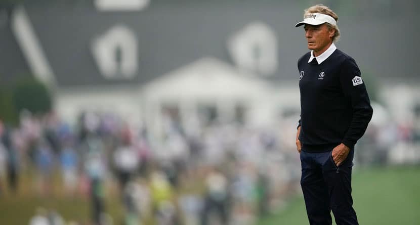 Bernhard Langer, of Germany, waits to hit on the first hole during the second round of the Masters golf tournament at Augusta National Golf Club on Friday, April 7, 2023, in Augusta, Ga. Langer had surgery for an Achilles' tendon tear on Friday, Feb. 2, 2024. He had said this year would be his last time playing the Masters. (AP Photo/Matt Slocum, File)