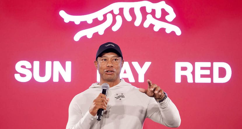 Tiger Woods speaks at a news conference ahead of the Genesis Open golf tournament, Monday, Feb. 12, 2024, in the Pacific Palisades area of Los Angeles. (AP Photo/Eric Thayer)