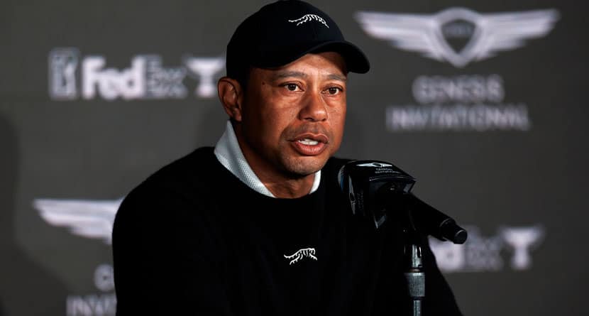Tiger Woods speaks during a news conference at Riviera Country Club, Wednesday, Feb. 14, 2024, in the Pacific Palisades area of Los Angeles. (AP Photo/Ryan Kang)