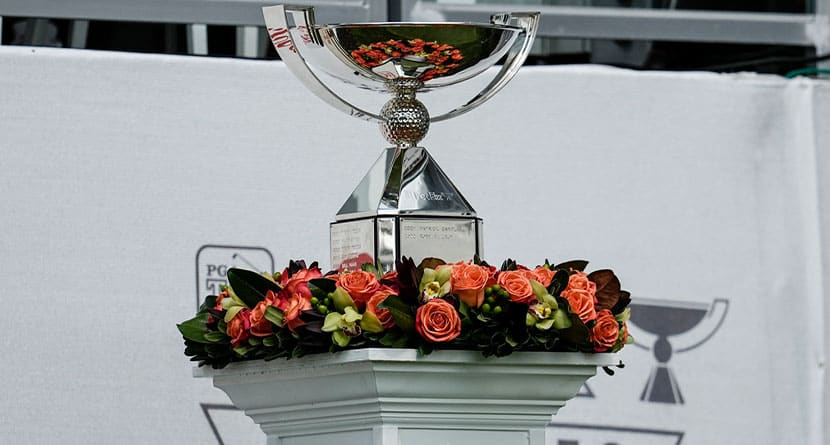 The FedEx Cup trophy is seen during the second round of the Tour Championship golf tournament, Friday, Aug. 25, 2023, in Atlanta. (AP Photo/Mike Stewart)