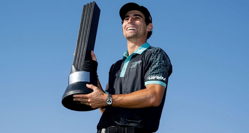 Captain Joaquín Niemann of Torque GC poses with the Event Individual Champion Trophy after the final round of LIV Golf Jeddah at the Royal Greens Golf & Country Club on Sunday, March 03, 2024 in King Abdullah Economic City, Saudi Arabia. (Photo by Charles Laberge/LIV Golf via AP)