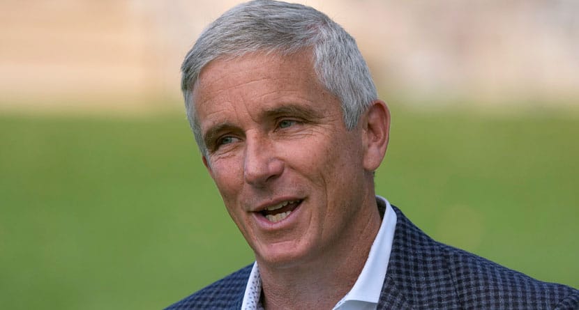 PGA Tour commissioner Jay Monahan speaks during the second round of The Players Championship golf tournament Friday, March 15, 2024, in Ponte Vedra Beach, Fla. (AP Photo/Lynne Sladky)
