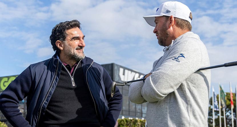 LIV Golf Chairman Yasir Al-Rumayyan chats with Graeme McDowell of Smash GC before the second round of the LIV Golf Las Vegas at the Las Vegas Country Club on Friday, February 09, 2024 in Las Vegas, United States. (Photo by Doug DeFelice/LIV Golf via AP)