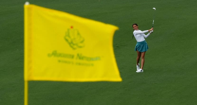 Cayetana Fernandez Garcia-Poggio, of Spain, hits on ninth hole during the final round of the Augusta National Women's Amateur golf tournament, Saturday, April 1, 2023, in Augusta, Ga. (AP Photo/Matt Slocum)