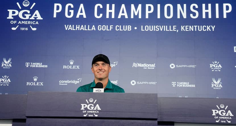 Jordan Spieth speaks during a news conference during the PGA Championship golf tournament at the Valhalla Golf Club, Tuesday, May 14, 2024, in Louisville, Ky. (AP Photo/Sue Ogrocki)