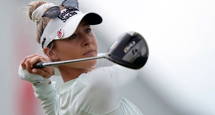 Nelly Korda watches her shot on the first hole during a practice round for the U.S. Women's Open golf tournament at Lancaster Country Club, Tuesday, May 28, 2024, in Lancaster, Pa. (AP Photo/Matt Rourke)