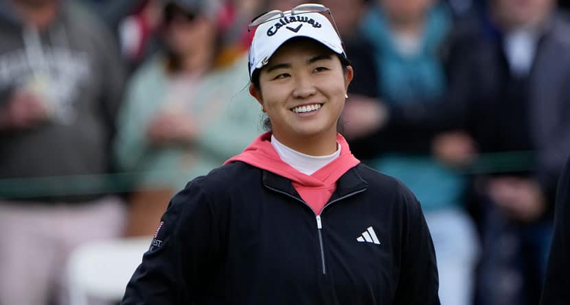 Rose Zhang reacts after making birdie on the 18th hole to win the LPGA Cognizant Founders Cup golf tournament, Sunday, May 12, 2024, in Clifton, N.J. (AP Photo/Seth Wenig)