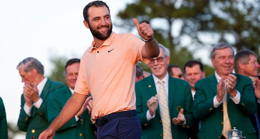 Scottie Scheffler arrives for the green jacket ceremony after winning the Masters golf tournament at Augusta National Golf Club on April 14, 2024, in Augusta, Ga. Scheffler goes for the second leg of the Grand Slam at the PGA Championship on May 16-19, 2024, in Louisville, Ky. (AP Photo/Matt Slocum, File)