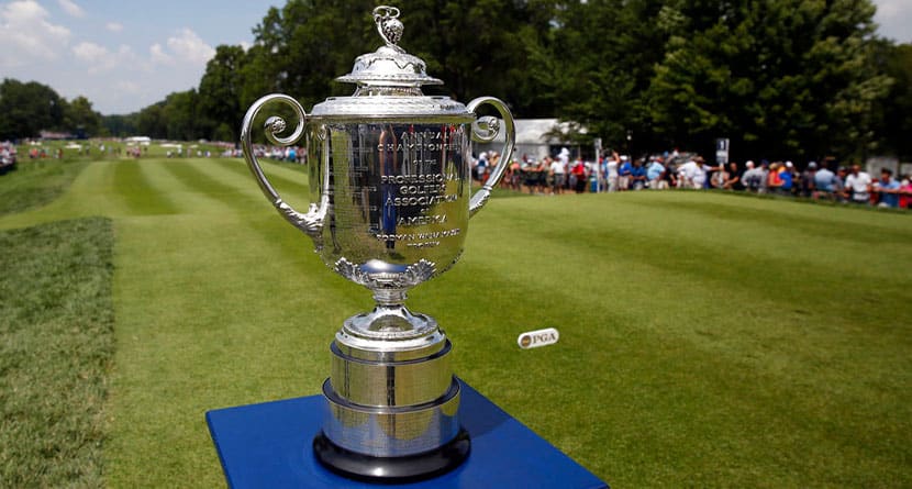 The Wanamaker Trophy is seen during the first round of the PGA Championship golf tournament at Bellerive Country Club, Thursday, Aug. 9, 2018, in St. Louis. (AP Photo/Brynn Anderson)