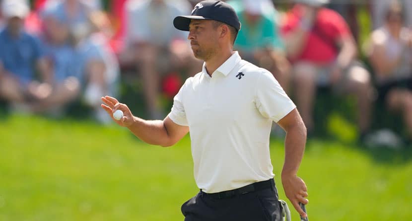 Xander Schauffele celebrates after a birdie on the 18th hole during the first round of the PGA Championship golf tournament at the Valhalla Golf Club, Thursday, May 16, 2024, in Louisville, Ky. (AP Photo/Matt York)