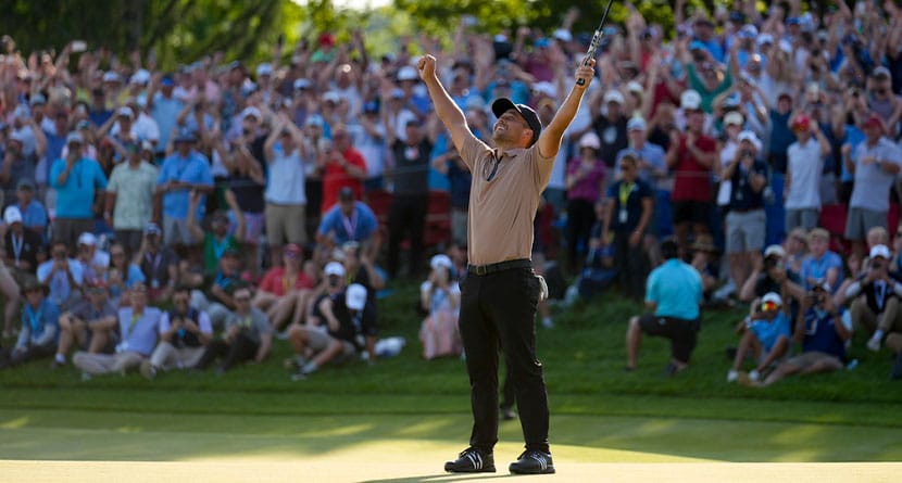 Xander Schauffele celebrates after winning the PGA Championship golf tournament at the Valhalla Golf Club, Sunday, May 19, 2024, in Louisville, Ky. (AP Photo/Jeff Roberson)