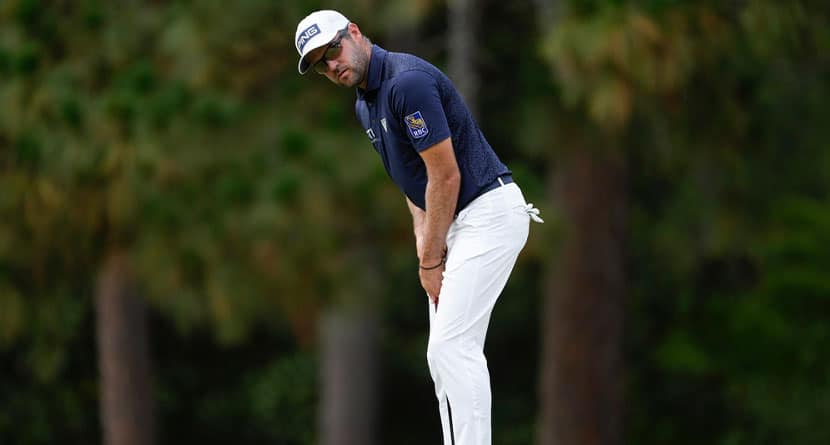 Corey Conners, of Canada, reacts after missing a putt on the eighth hole during the final round of the U.S. Open golf tournament Sunday, June 16, 2024, in Pinehurst, N.C. (AP Photo/Matt York)
