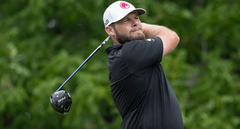 Tyrrell Hatton, of Legion XIII, hits from the eighth tee during the final round of LIV Golf Nashville at The Grove, Sunday, June 23, 2024, in College Grove, Tenn. (Charles Laberge/LIV Golf via AP)