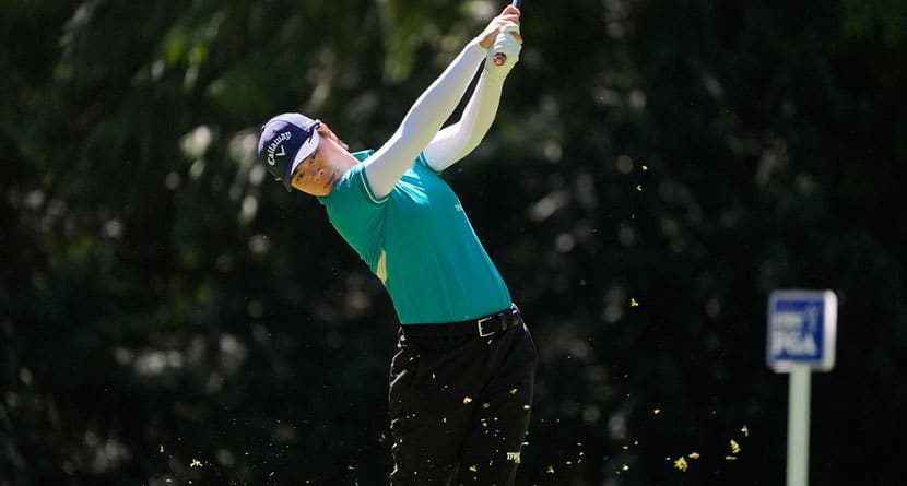 Yuka Saso, of Japan, hits on the ninth hole during a practice round for the Womens PGA Championship golf tournament at Sahalee Country Club, Wednesday, June 19, 2024, in Sammamish, Wash. (AP Photo/Gerald Herbert)