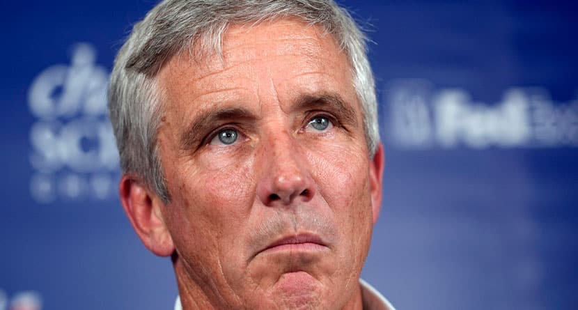 PGA Tour Commissioner Jay Monahan pauses while speaking about the death of PGA player Grayson Murray during the Charles Schwab Challenge golf tournament at Colonial Country Club in Fort Worth, Texas, Saturday, May 25, 2024. (AP Photo/LM Otero)
