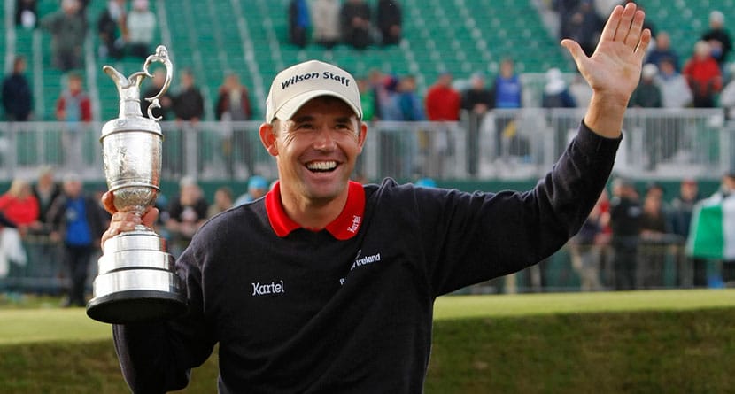Ireland's Padraig Harrington holds the trophy after winning the British Open Golf Championship at Carnoustie, Scotland, July 22, 2007. Harrington is to be inducted into the World Golf Hall of Fame, Monday, June 10, 2024, in Pinehurst, N.C. (AP Photo/Matt Dunham, File)