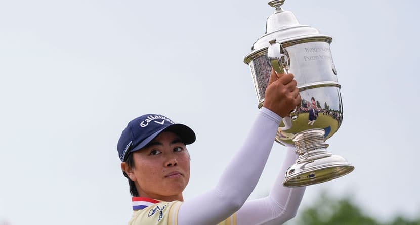 Yuka Saso, of Japan, holds the tournament trophy after winning the U.S. Women's Open golf tournament at Lancaster Country Club, Sunday, June 2, 2024, in Lancaster, Pa. (AP Photo/Matt Rourke)