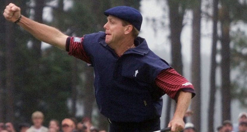 Payne Stewart celebrates after winning the U.S. Open golf championship at Pinehurst No. 2 in Pinehurst, N.C., June 20, 1999. The U.S. Open returns to Pinehurst for the fourth time, June 13-16, 2024. (AP Photo/Chuck Burton, File)