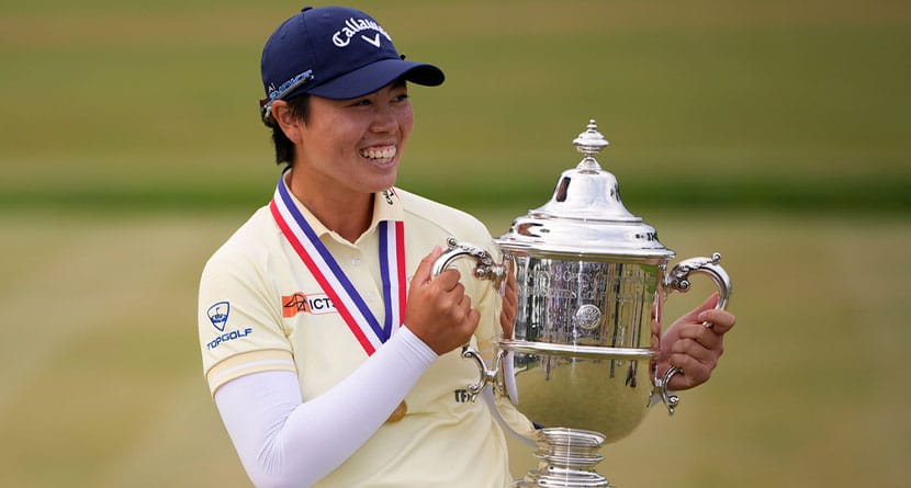 Yuka Saso, of Japan, holds the tournament trophy after winning the U.S. Women's Open golf tournament at Lancaster Country Club, Sunday, June 2, 2024, in Lancaster, Pa. (AP Photo/Matt Slocum)
