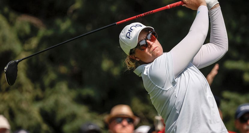 Lauren Coughlin, of the United States, hits a tee shot on the second hole during the final round at the LPGA Canadian Women's Open golf tournament in Calgary, Alberta, Sunday, July 28, 2024. (Jeff McIntosh/The Canadian Press via AP)